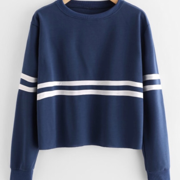 Tops - Blue and White Long Sleeved Crop Top Tops - Blue and White Long Sleeved Crop Top